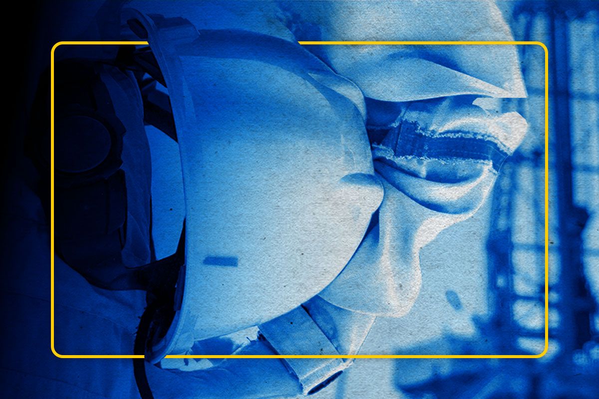 Overhead view of working in PPE shaded in blue