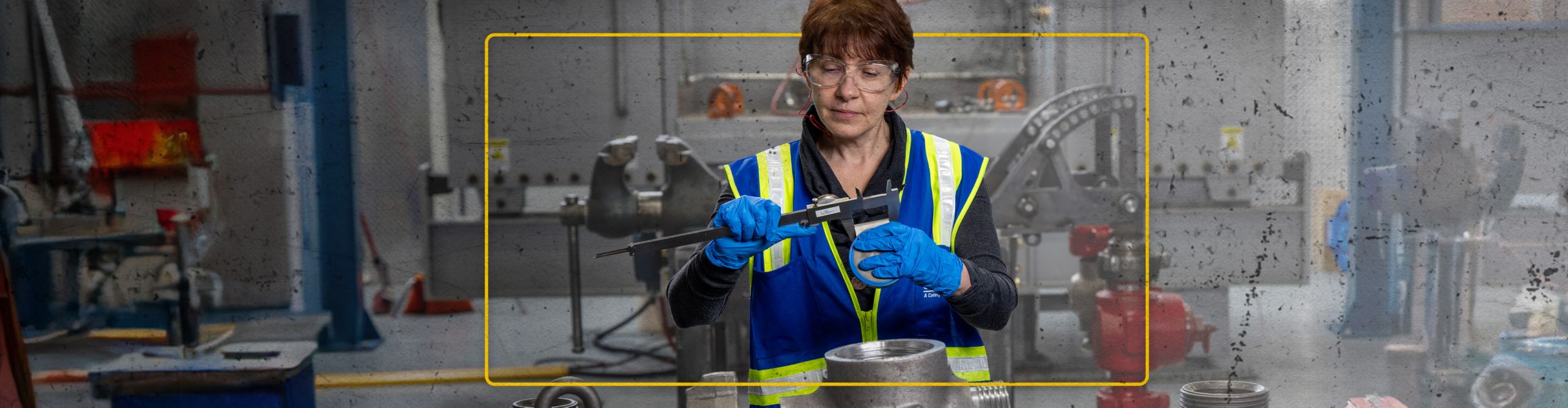 Cat worker wearing PPE servicing an SPM part with equipment and tools in the background
