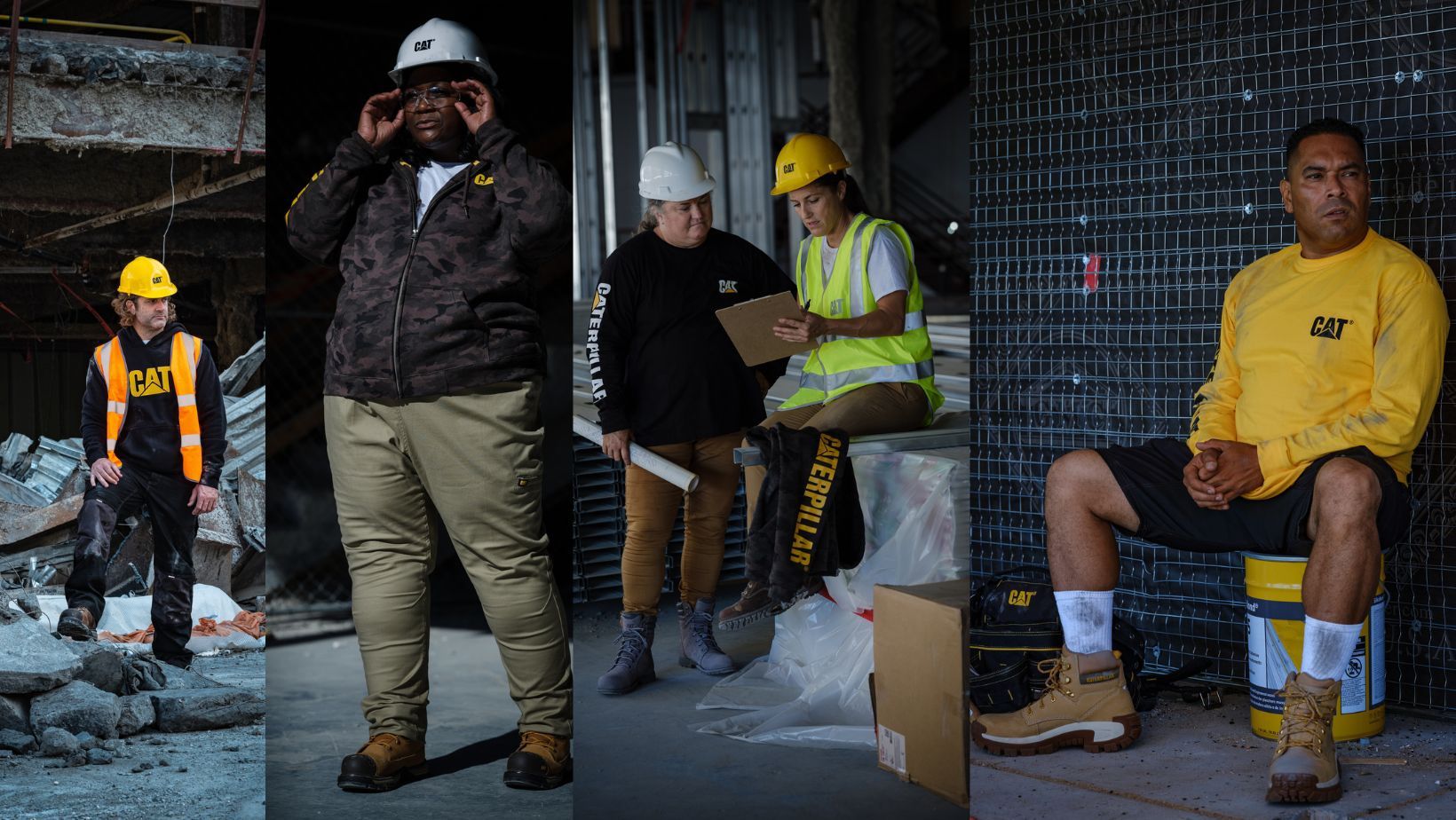 Workers wearing Cat apparel like shirts, sweatshirts, boots, safety vests and hardhats.