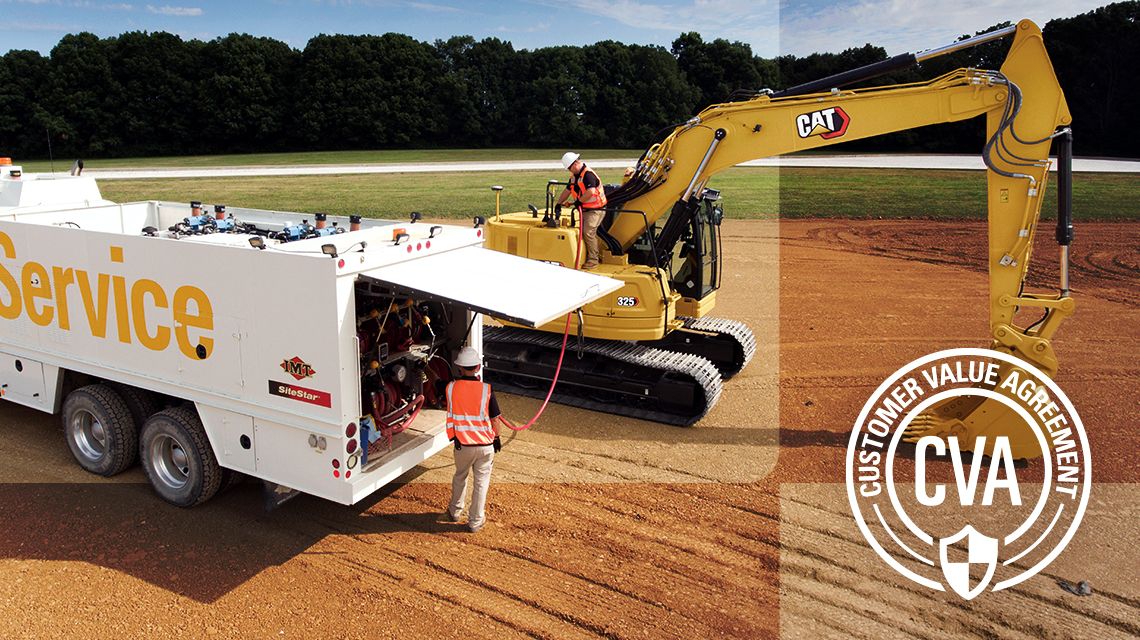 Cat machine in field with Customer Value Agreement graphic