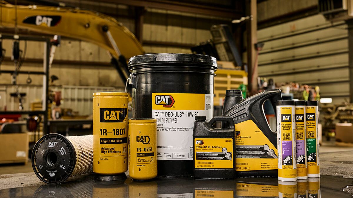 Cat oils, filters, and greases in workshop