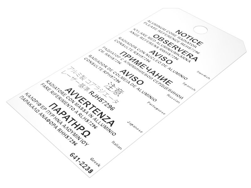 Radiator Extended Life Coolant Notice Tag