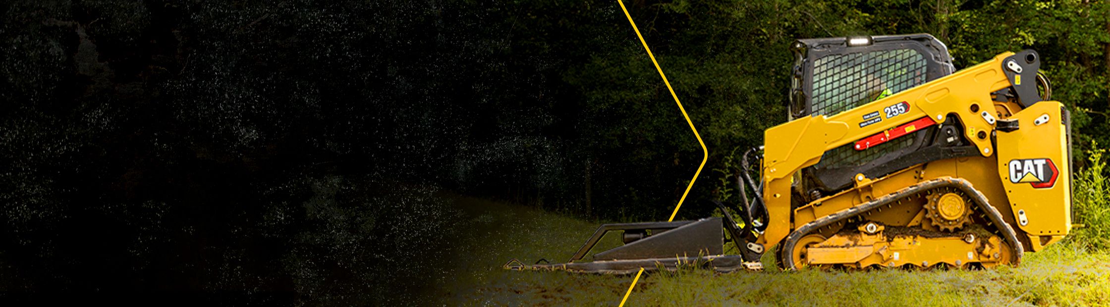 Cat compact track loader in forest with arrow graphic