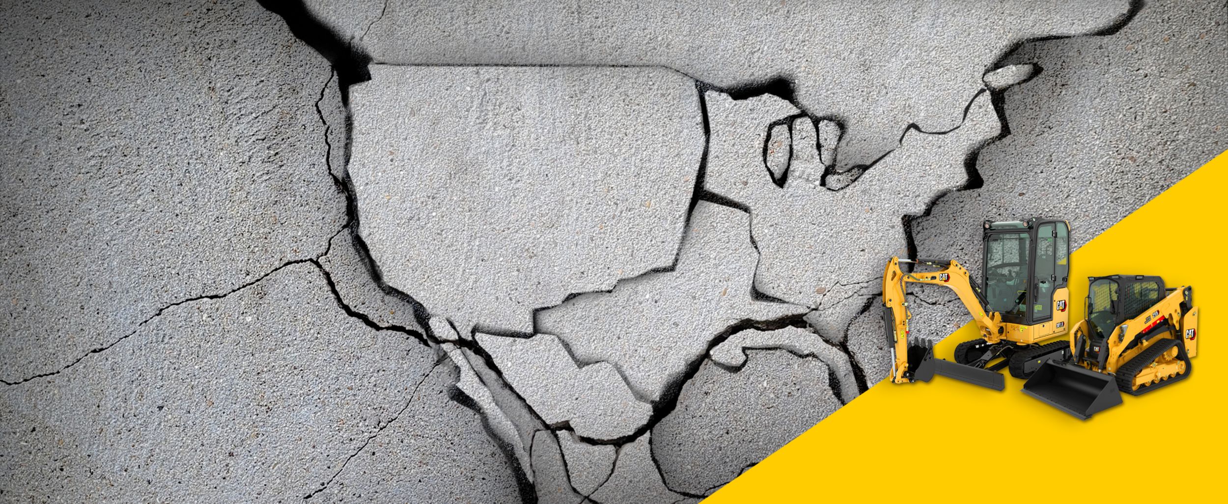 United States cracked into concrete with yellow triangle in right corner with a mini excavator and a compact track loader
