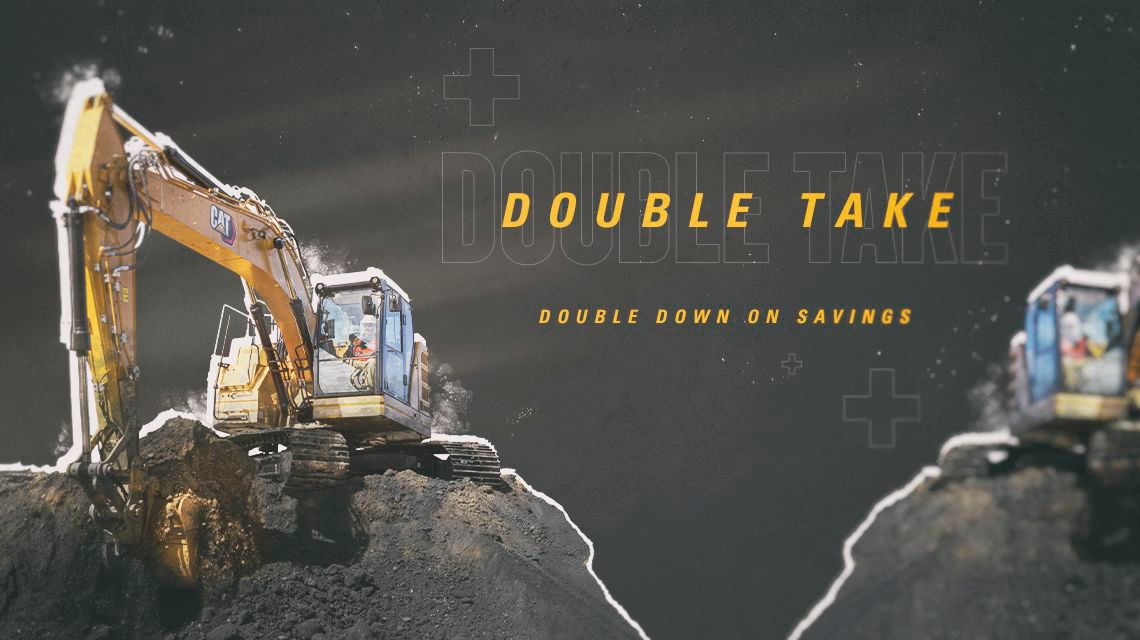 Excavator with "Double Take" text graphic