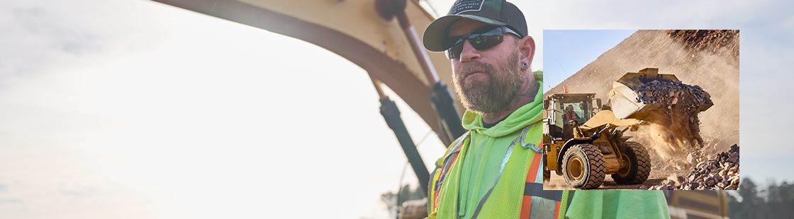 Construction worker with Cat equipment in background and inset image of a construction worker running a Cat maching on jobsite